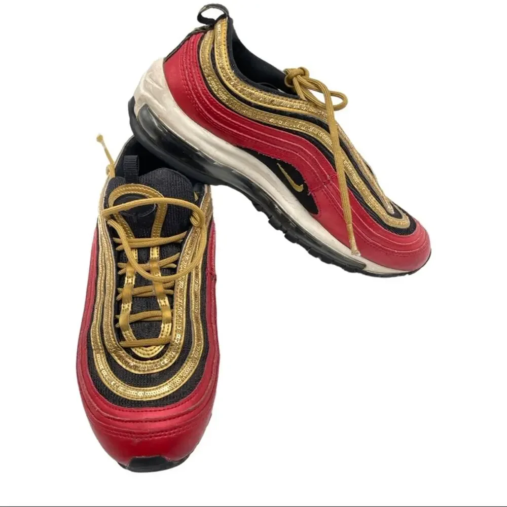 NIKE WOMENS AIR MAX 97 RED METALLIC GOLD SEQUIN SIZE 8.5  CT1148 600